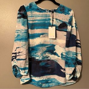 NWT DKNY Sz Petite Medium Blue & Gray Blouse!